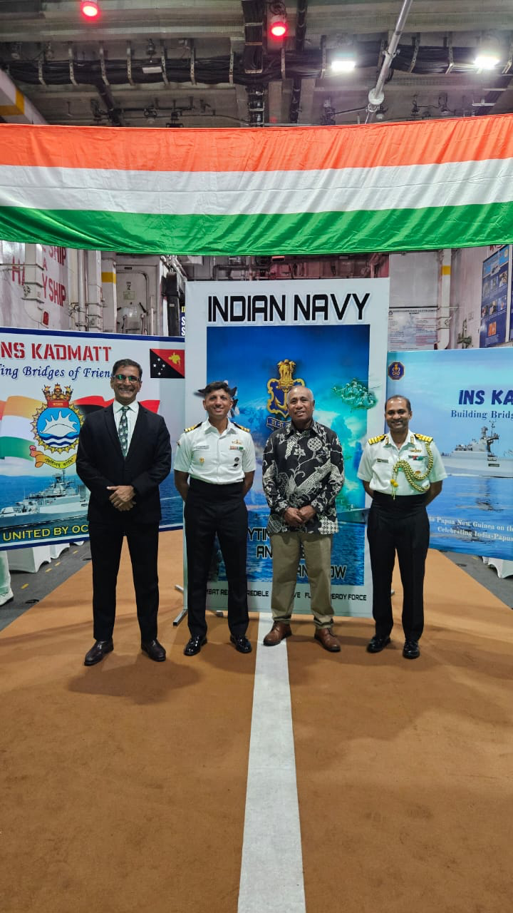 Rear Admiral Philip Polewara with Indian Navy officers and the Defence Advisor of India on board INS Kadmatt