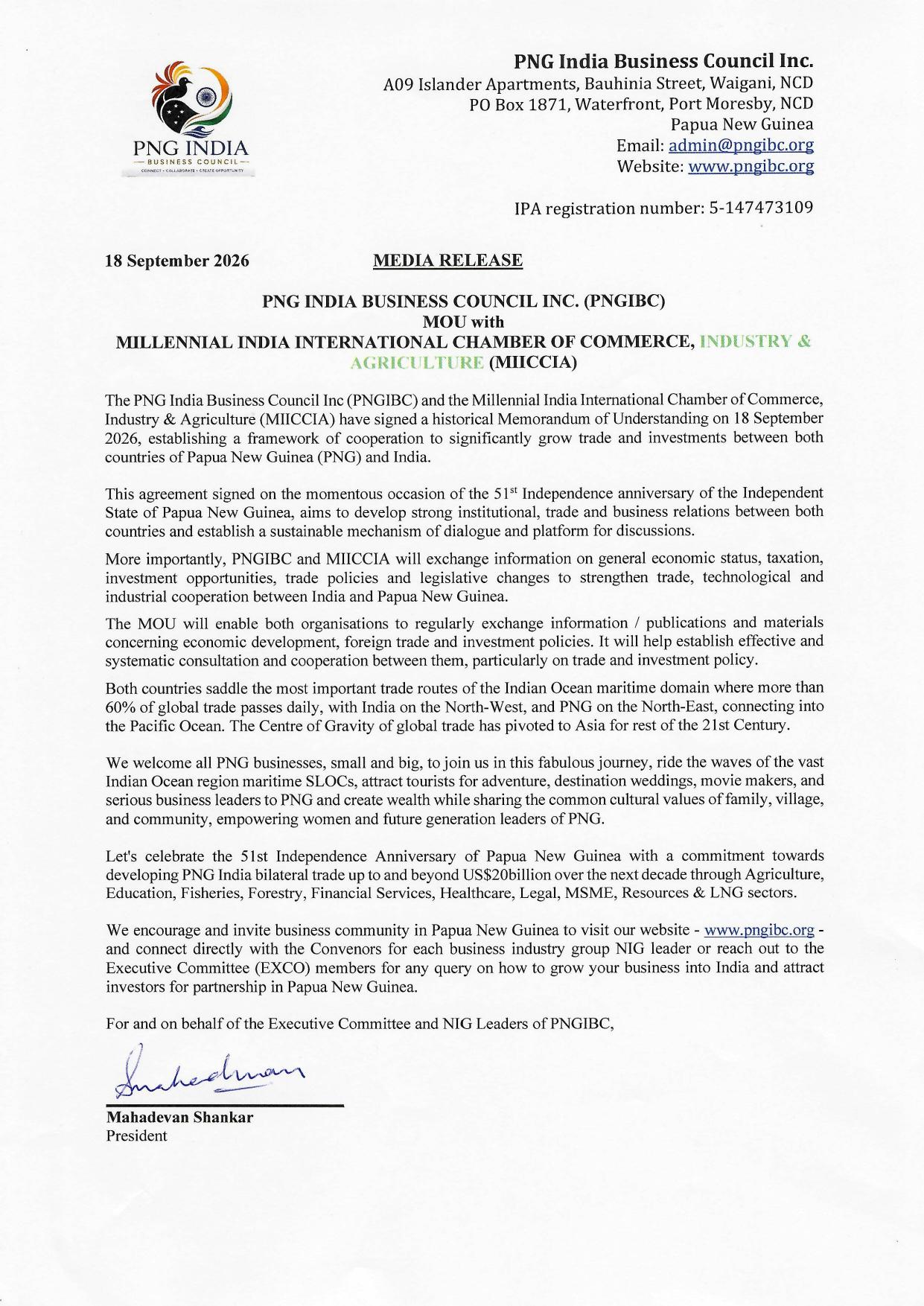 First page of the PNGIBC media release dated 18 September 2026 announcing the MOU with MIICCIA