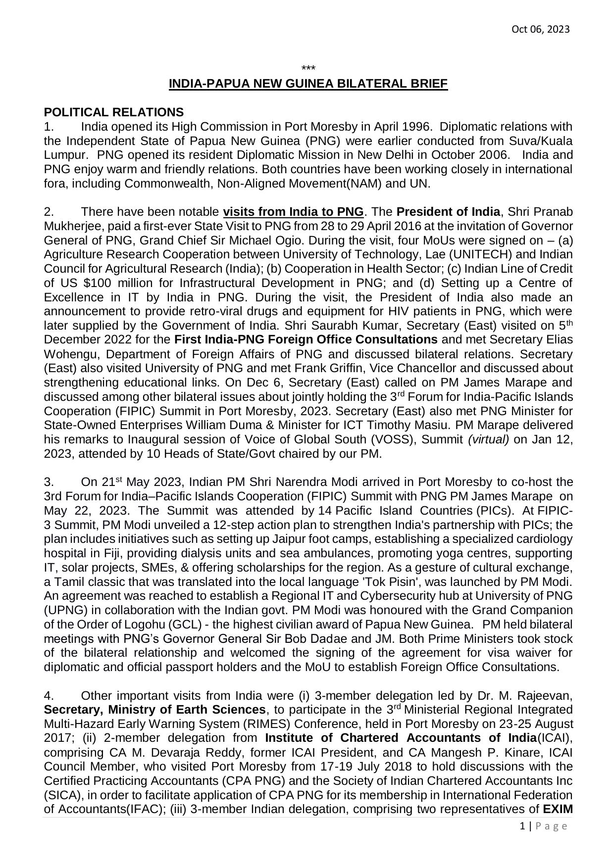 First page of the India-Papua New Guinea bilateral brief dated October 2023