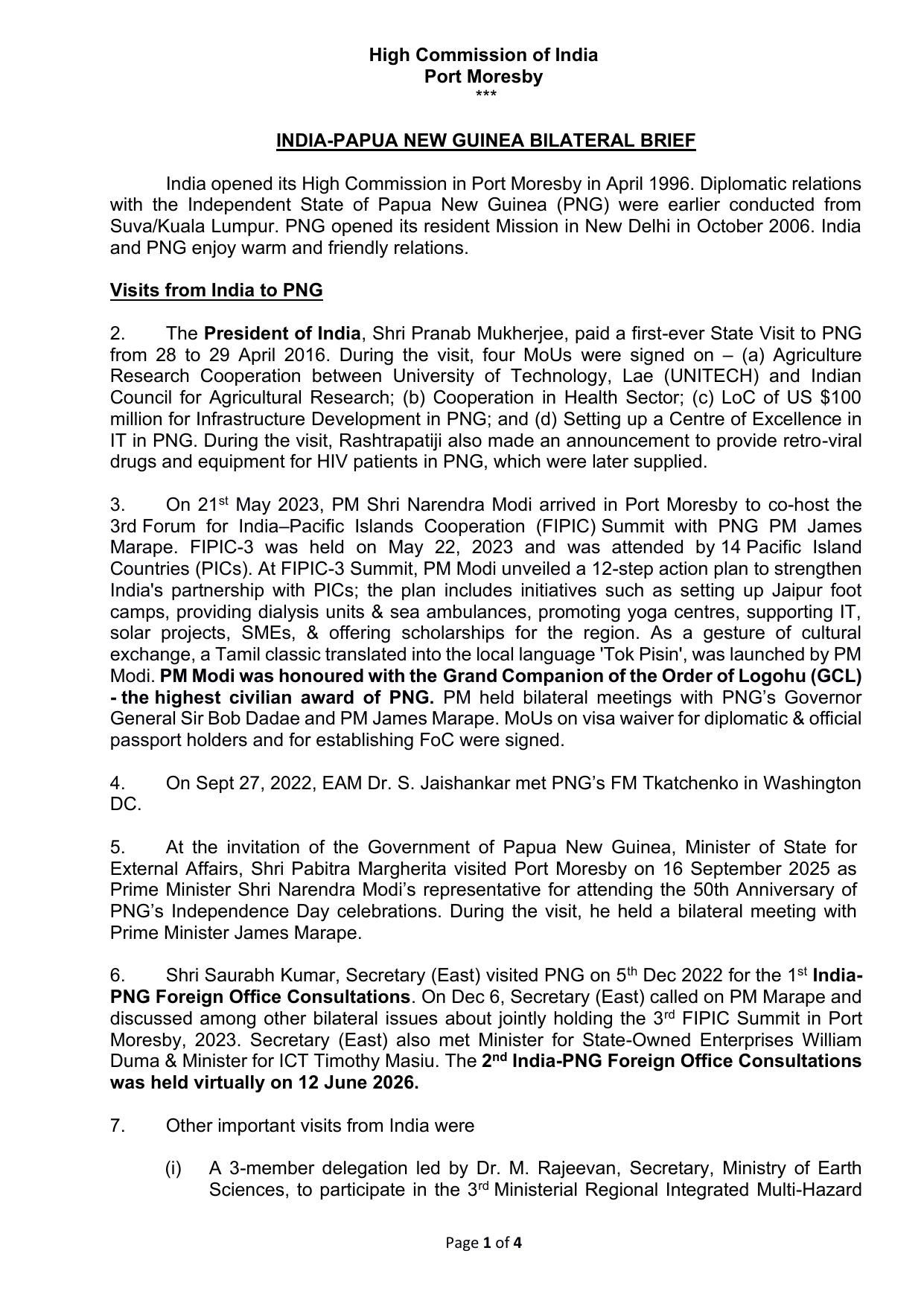 First page of the India-Papua New Guinea bilateral brief issued by the High Commission of India, Port Moresby