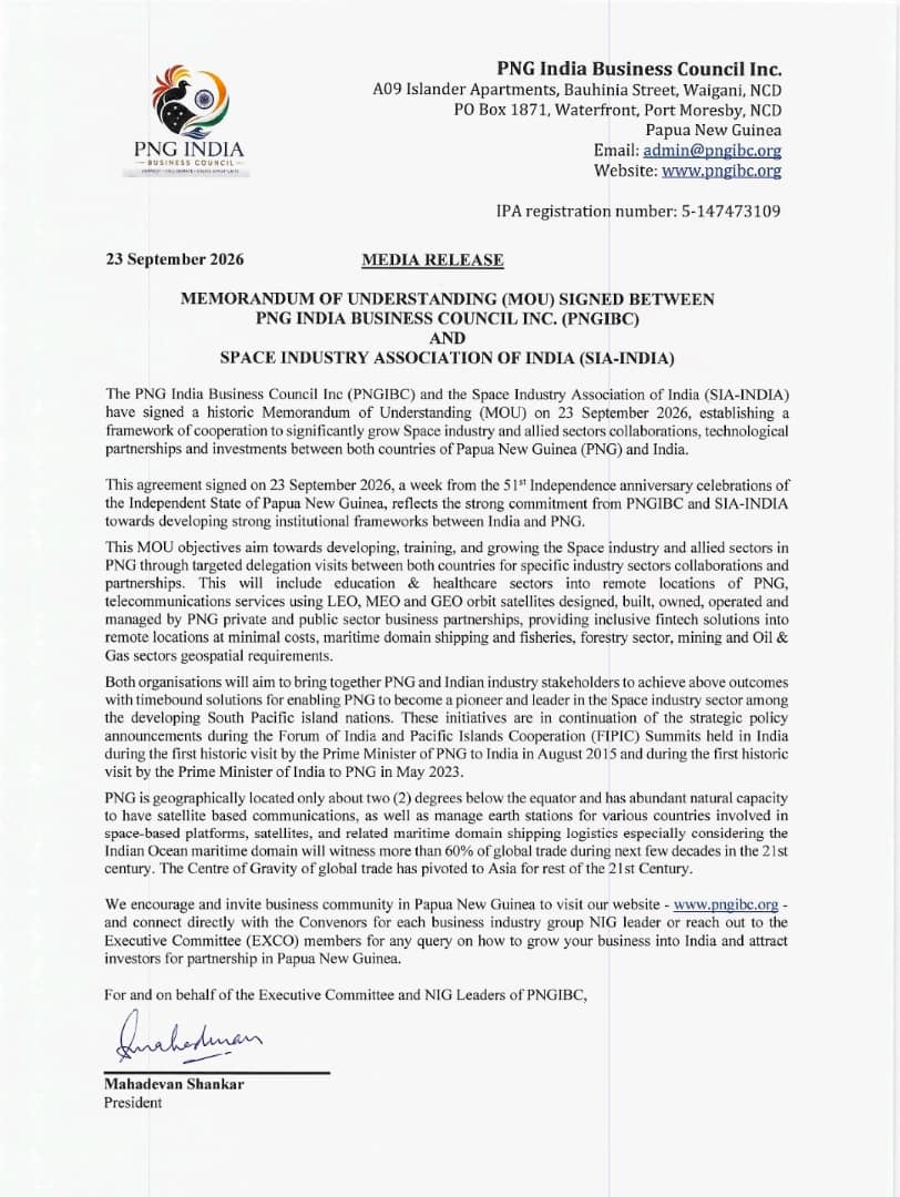 First page of the PNGIBC media release dated 23 September 2026 announcing the MOU with the Space Industry Association of India