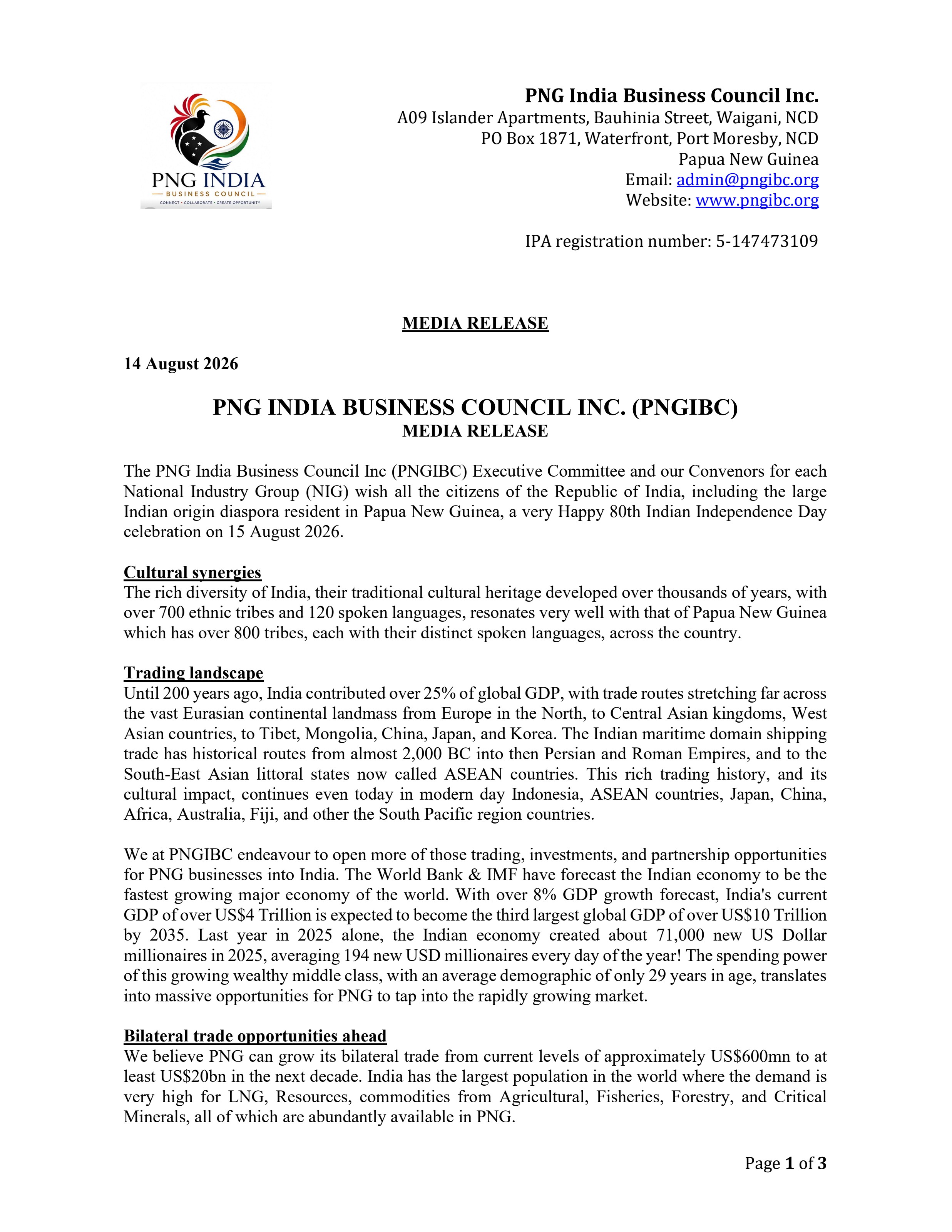 First page of the PNGIBC media release dated 14 August 2026