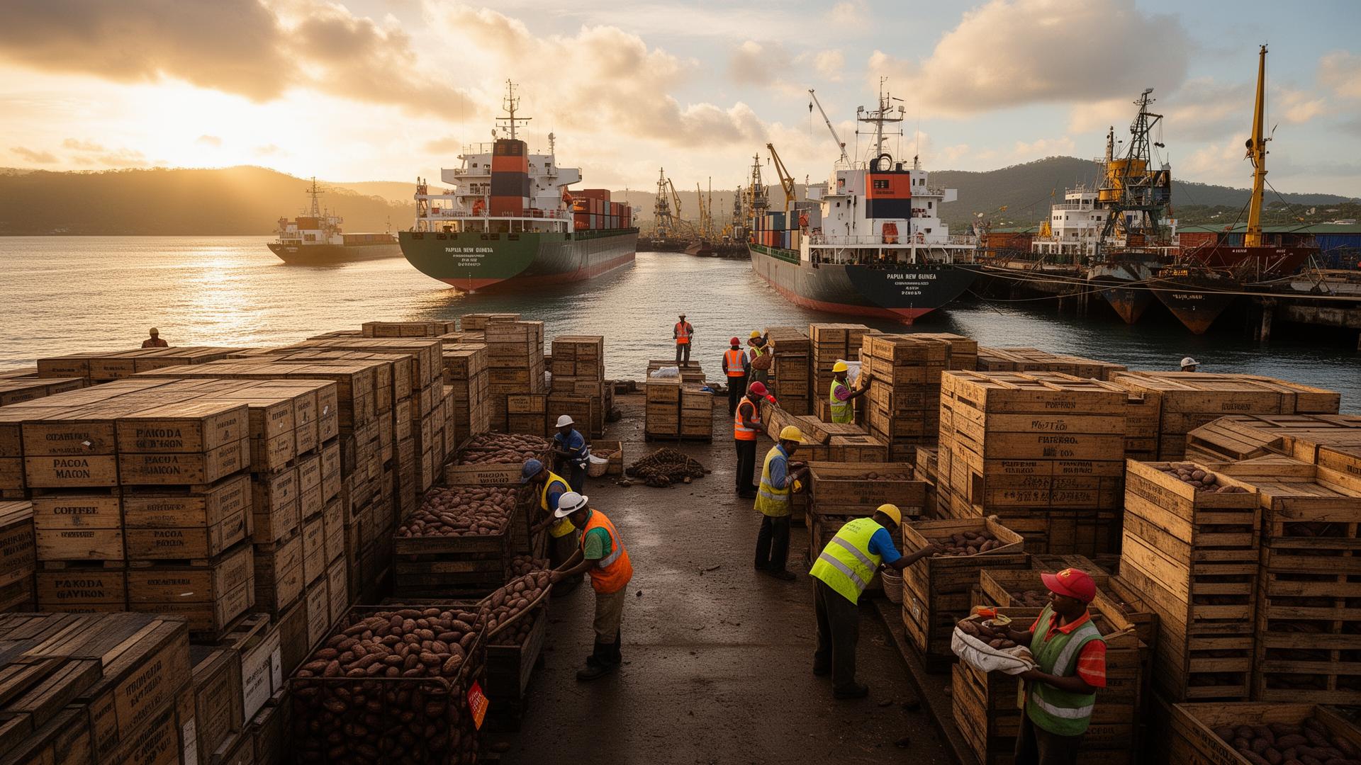 Papua New Guinea commodity port at sunrise